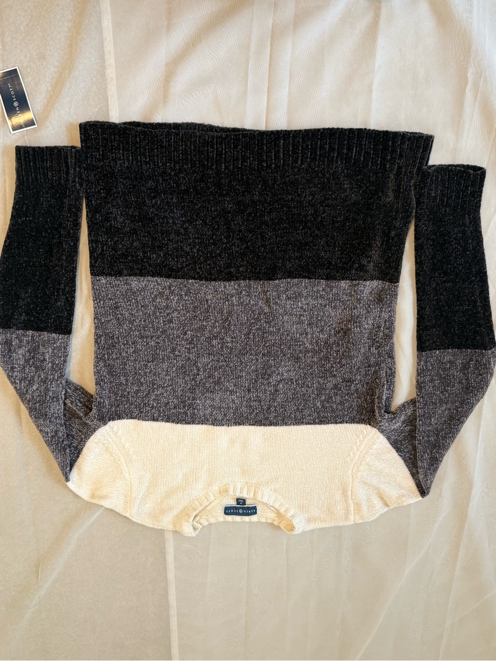 Karen Scott Cream, Gray & Black Striped Crewneck Sweater - Picture 3 of 7